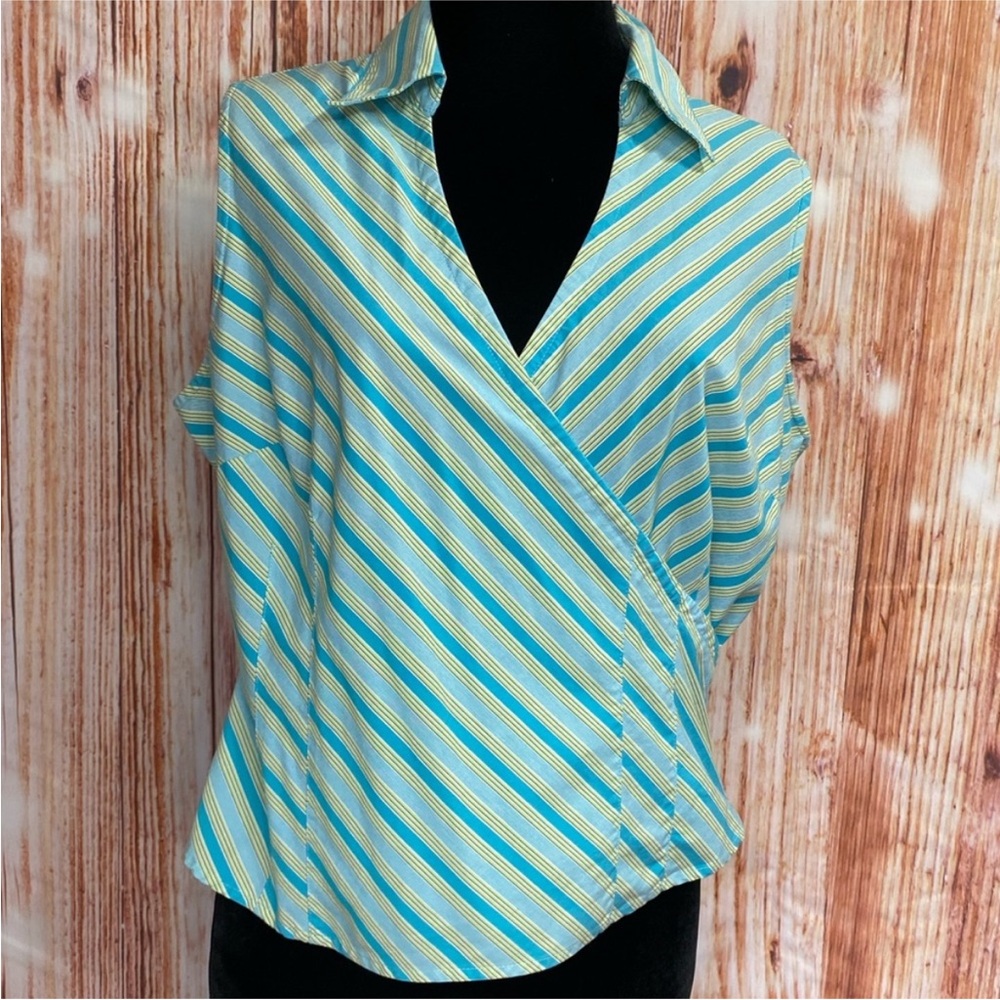 Worthington Striped Sleeveless Mock Wrap Top‎
